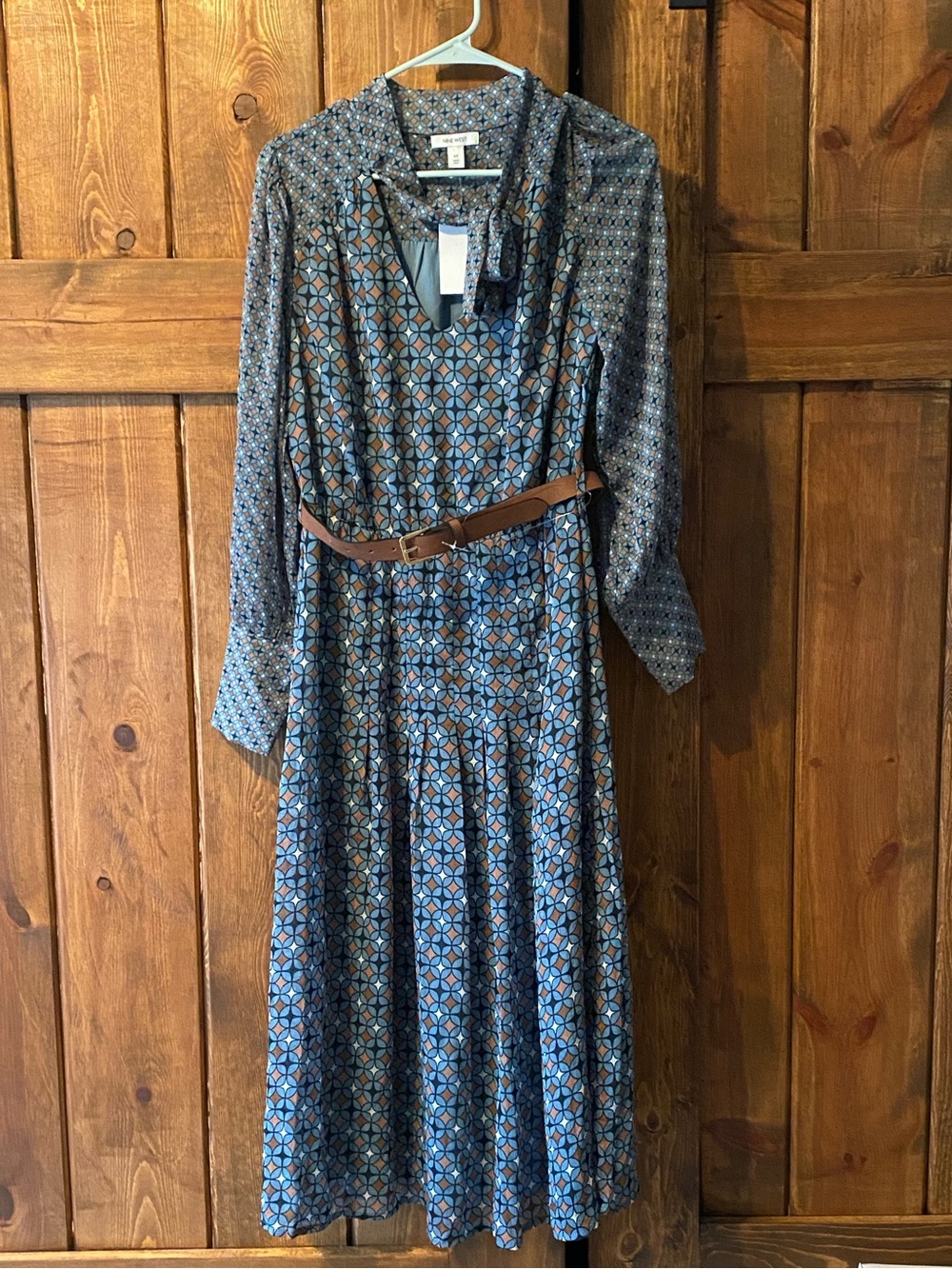 Nine West Blue Floral Long-Sleeve Tie-Neck Midi Dress with Brown Belt